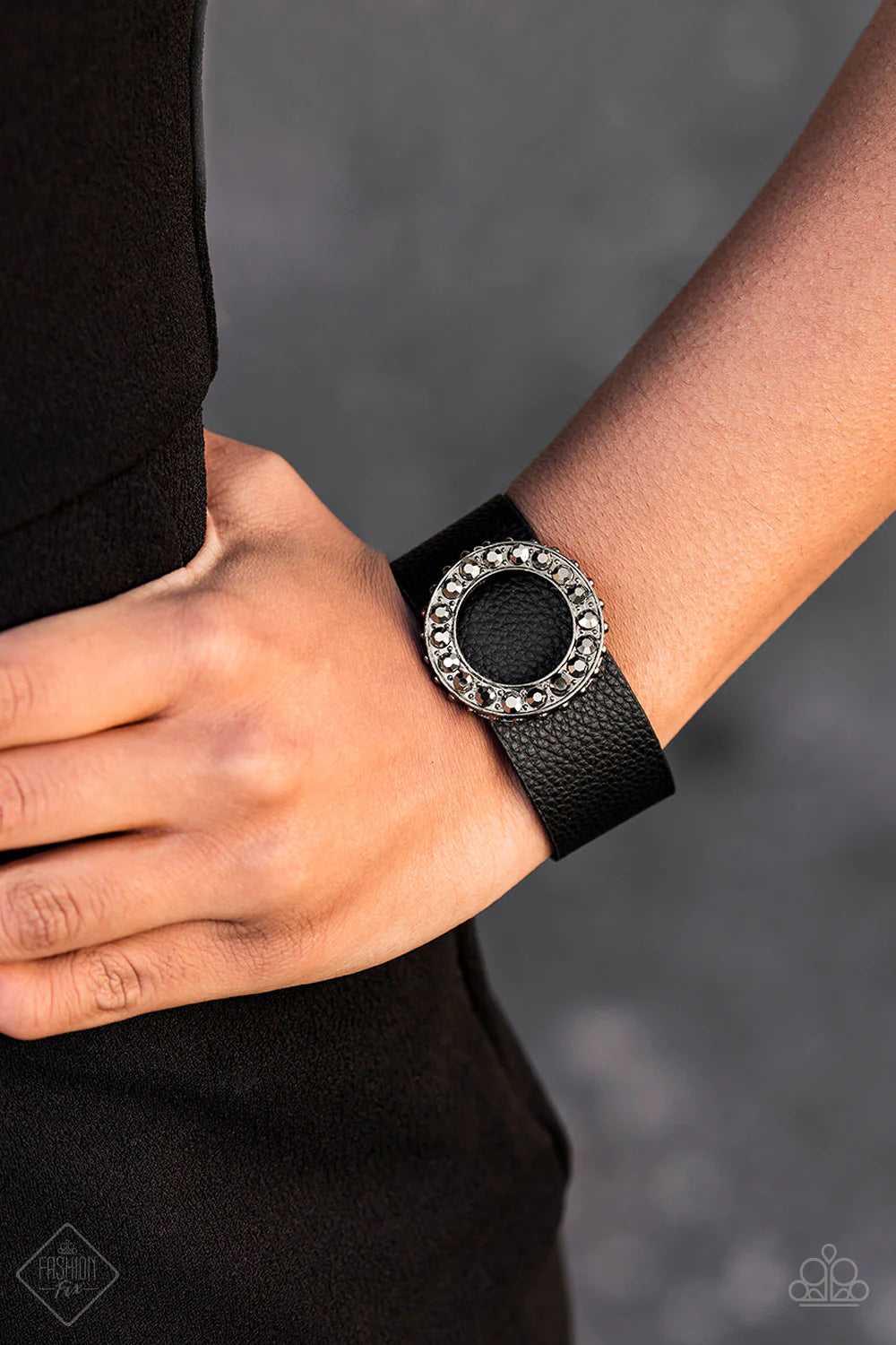 Rebel Razzle - Black Hematite Encrusted Studded Deceptive Slide Along Leather Wrap Adjustable Snap Closure Bracelet B#1160