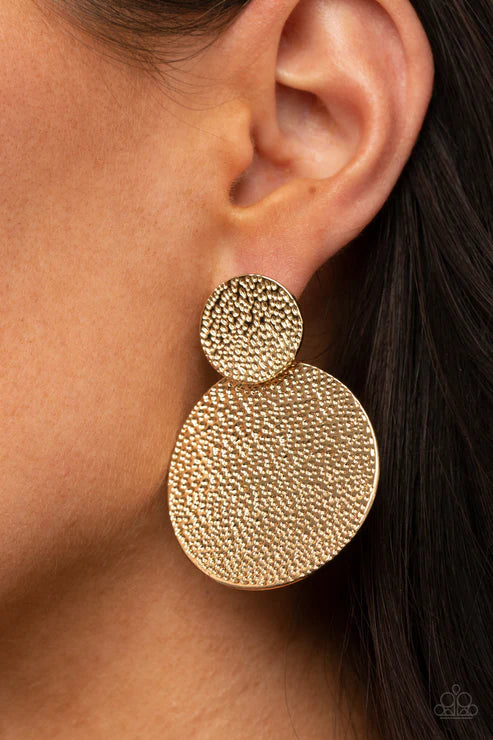 Refined Relic - Oversized Gold Shimmer Curved Hammered Textured Stacked Lure Discs Linked Earrings E#251