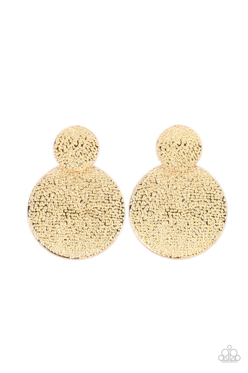 Refined Relic - Oversized Gold Shimmer Curved Hammered Textured Stacked Lure Discs Linked Earrings E#251