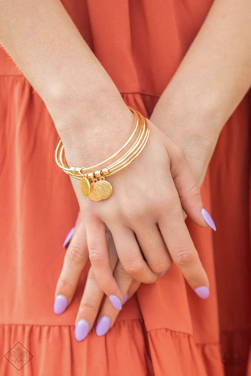 Reflective Radiance - Gold Textured Discs Bangle Bracelet Stack B#1916