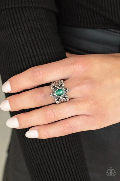 Reformed Refinement - Green Mint Cat's Eye Moonstone Leafy Tropical Floral Metallic Rope Ring R#499