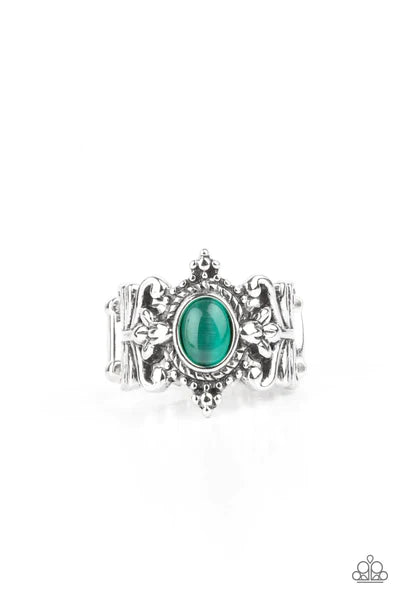 Reformed Refinement - Green Mint Cat's Eye Moonstone Leafy Tropical Floral Metallic Rope Ring R#499