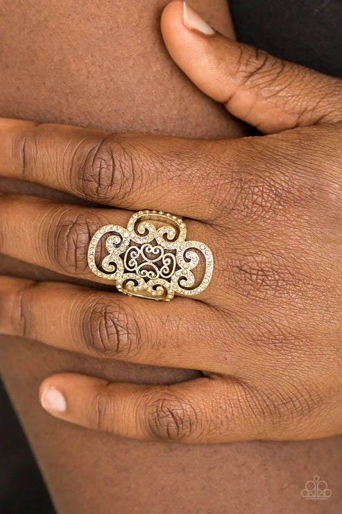 Regal Regalia - Oversized Brass Regal Topaz Encrusted Filigree Ring R#528