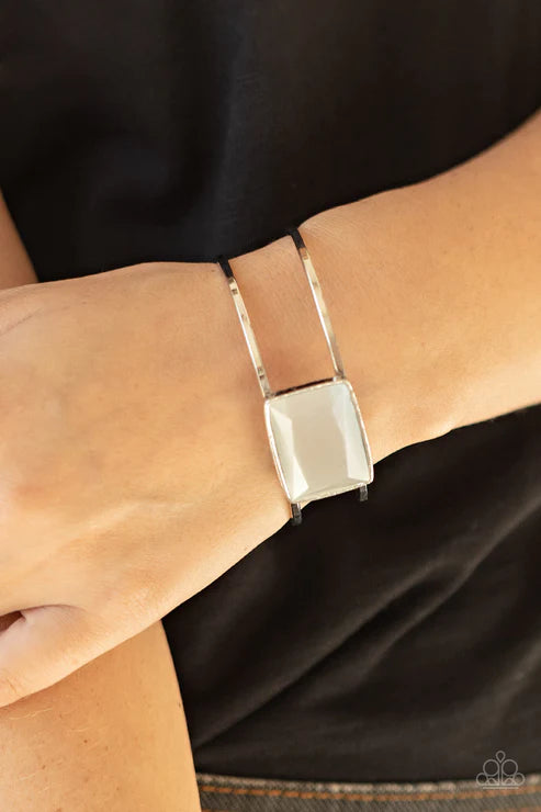 Rehearsal Refinement - Oversized White Airy Emerald Cut Cat's Eye Moonstone Cuff Bracelet B#2601