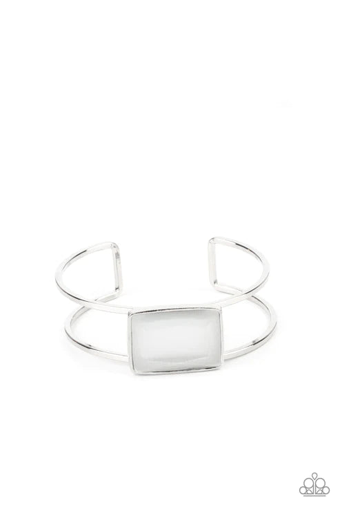 Rehearsal Refinement - Oversized White Airy Emerald Cut Cat's Eye Moonstone Cuff Bracelet B#2601