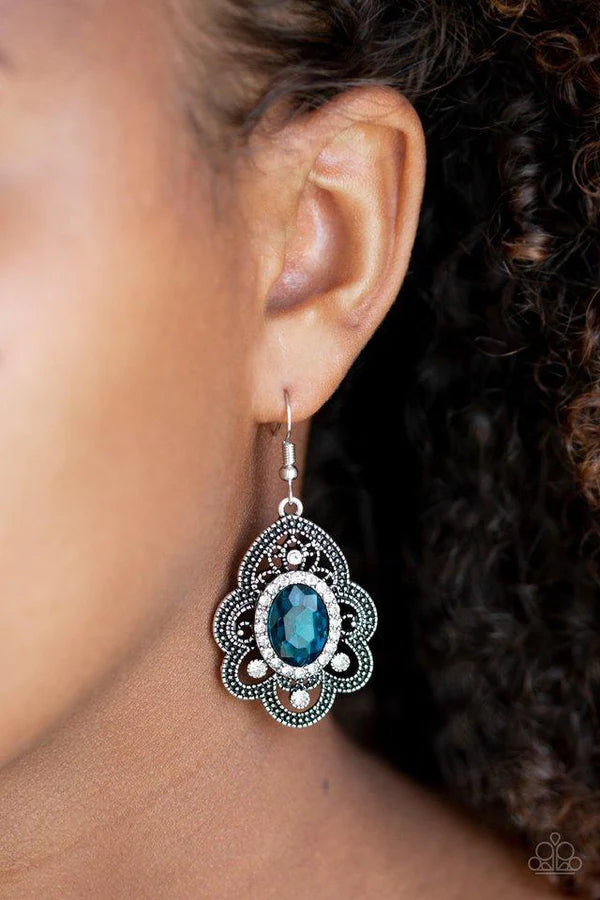 Reign Supreme - Blue/White Studded Encrusted Petal Flared Earrings E#1337