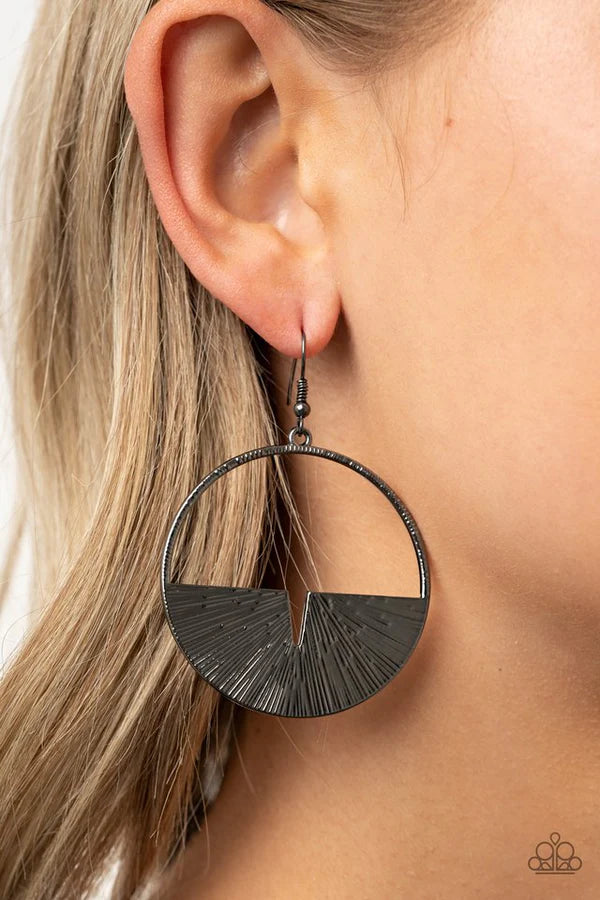 Reimagined Refinement - Black (Gunmetal) Embossed Linear Textured Crescent Nestled Hoop Earrings E#437