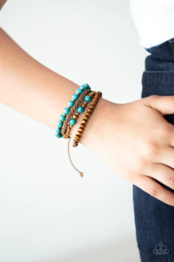 Renewable Energy - Blue Braided Suede Wood/Stone Accent Adjustable Sliding Knot Closure Bracelet Stack B#1261
