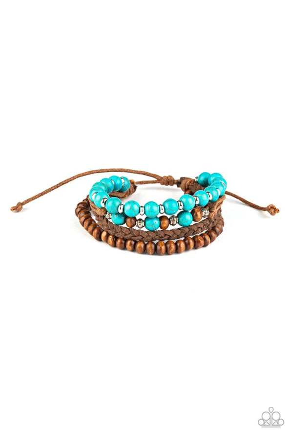 Renewable Energy - Blue Braided Suede Wood/Stone Accent Adjustable Sliding Knot Closure Bracelet Stack B#1261