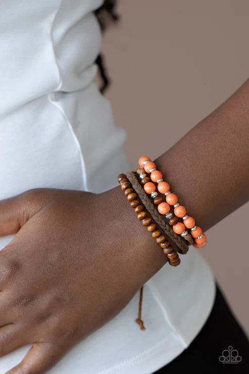 Renewable Energy - Orange Braided Suede Wood/Stone Accent Adjustable Sliding Knot Closure Bracelet Stack B#1987