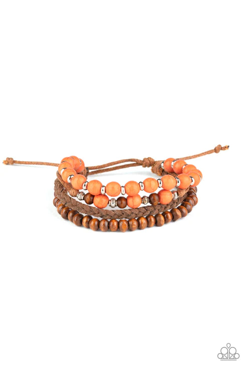 Renewable Energy - Orange Braided Suede Wood/Stone Accent Adjustable Sliding Knot Closure Bracelet Stack B#1987