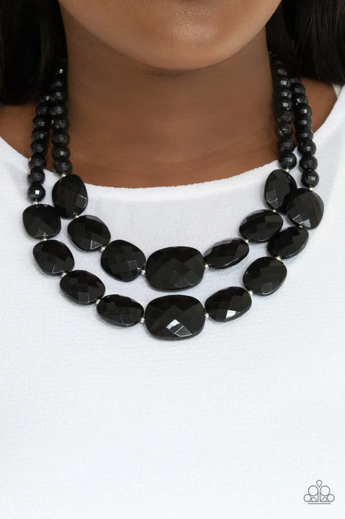 Resort Ready - Oversized Black Square Faceted Flattened Asymmetrical Necklace N#1611