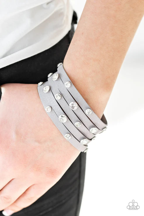 Rhinestone Reputation - Silver Encrusted Spliced Leather Bracelet B#1661