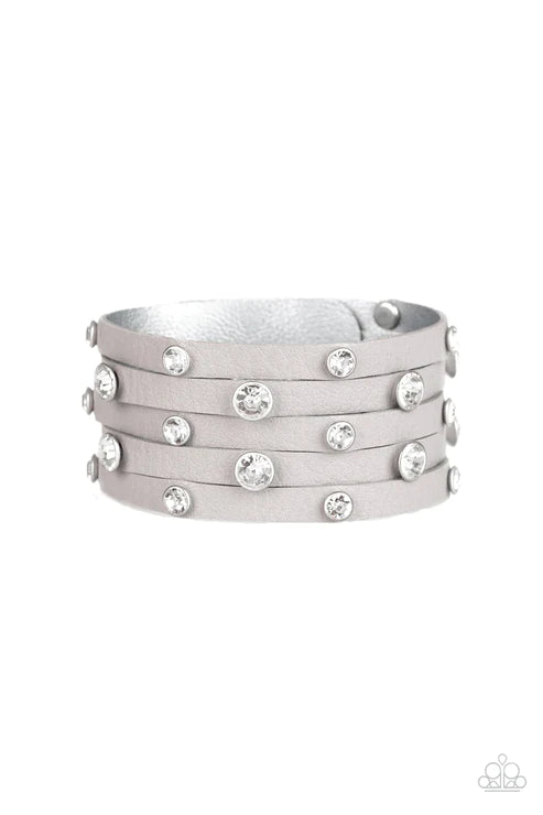 Rhinestone Reputation - Silver Encrusted Spliced Leather Bracelet B#1661