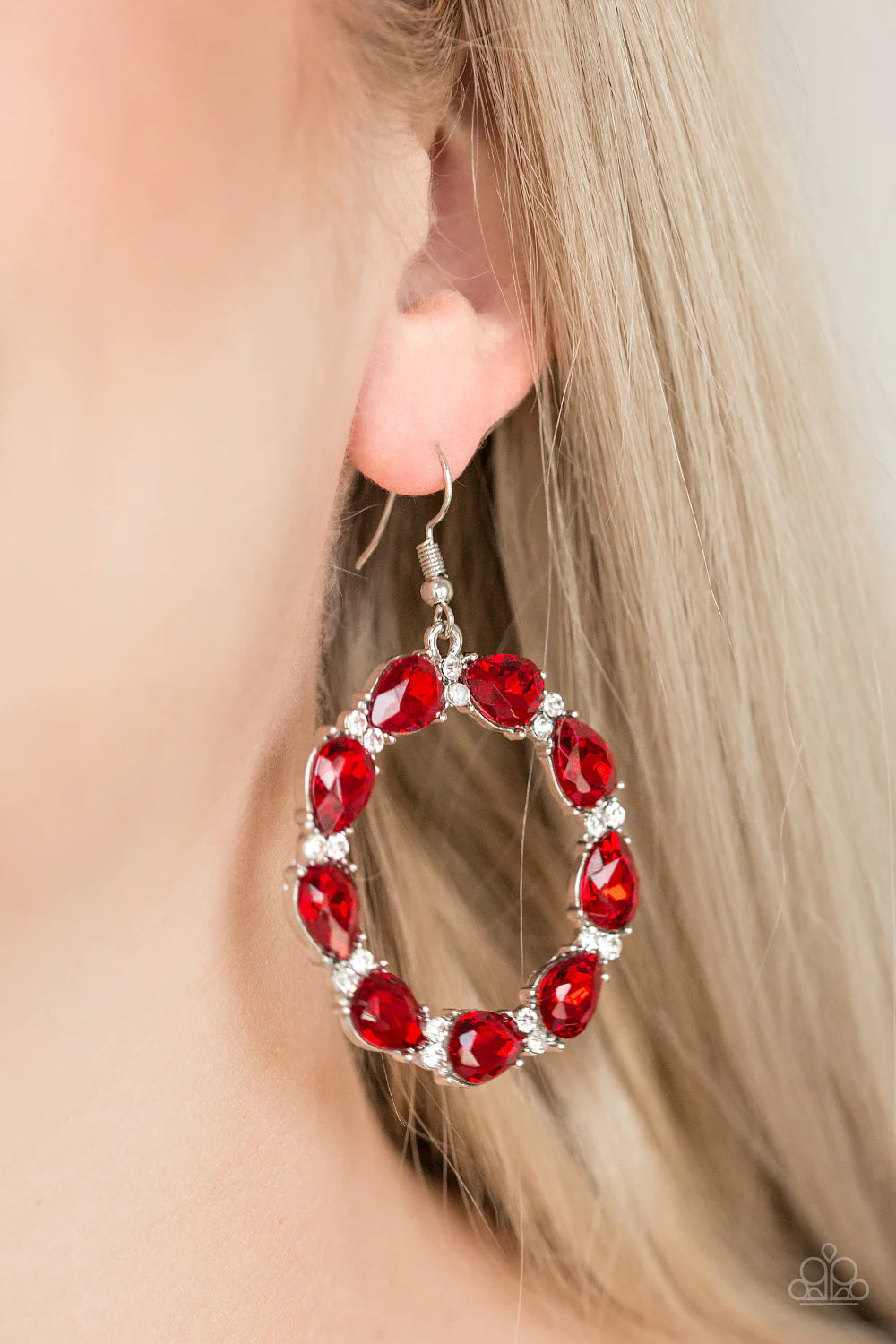 Ring Around The Rhinestones - Oversized Red Encrusted Circle Teardrop Hoop Earrings E#1279