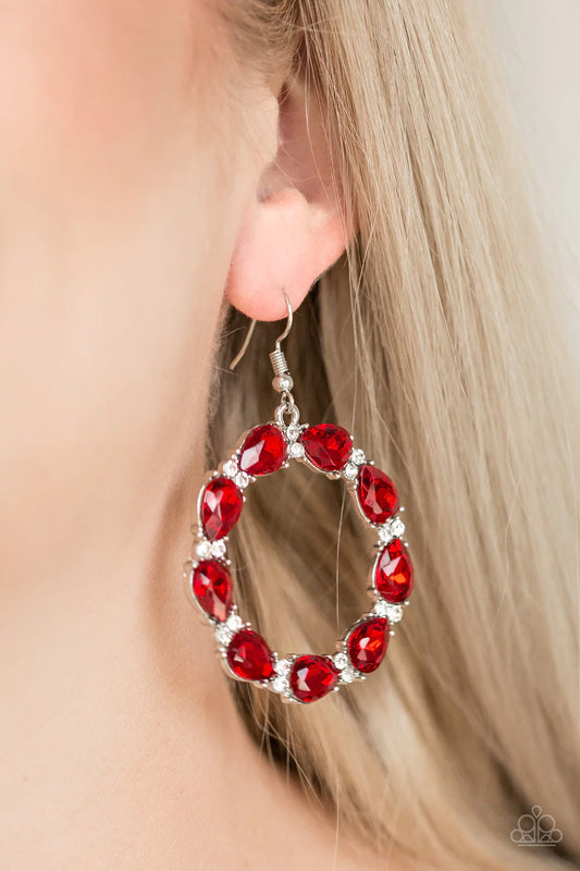 Ring Around The Rhinestones - Oversized Red Encrusted Circle Teardrop Hoop Earrings E#1279