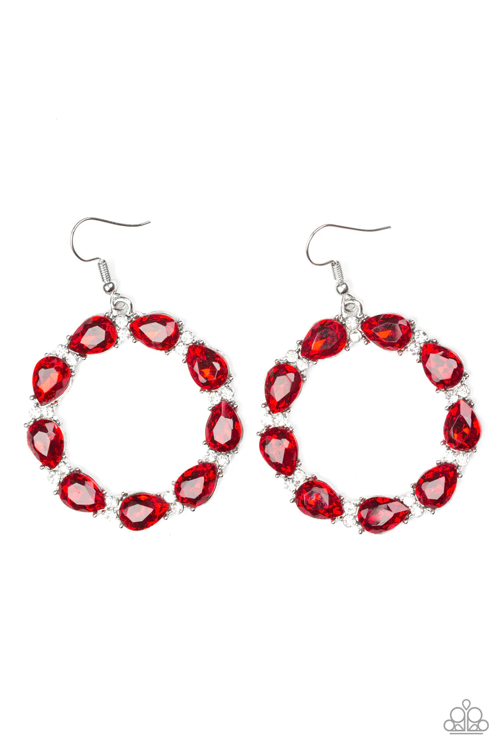 Ring Around The Rhinestones - Oversized Red Encrusted Circle Teardrop Hoop Earrings E#1279