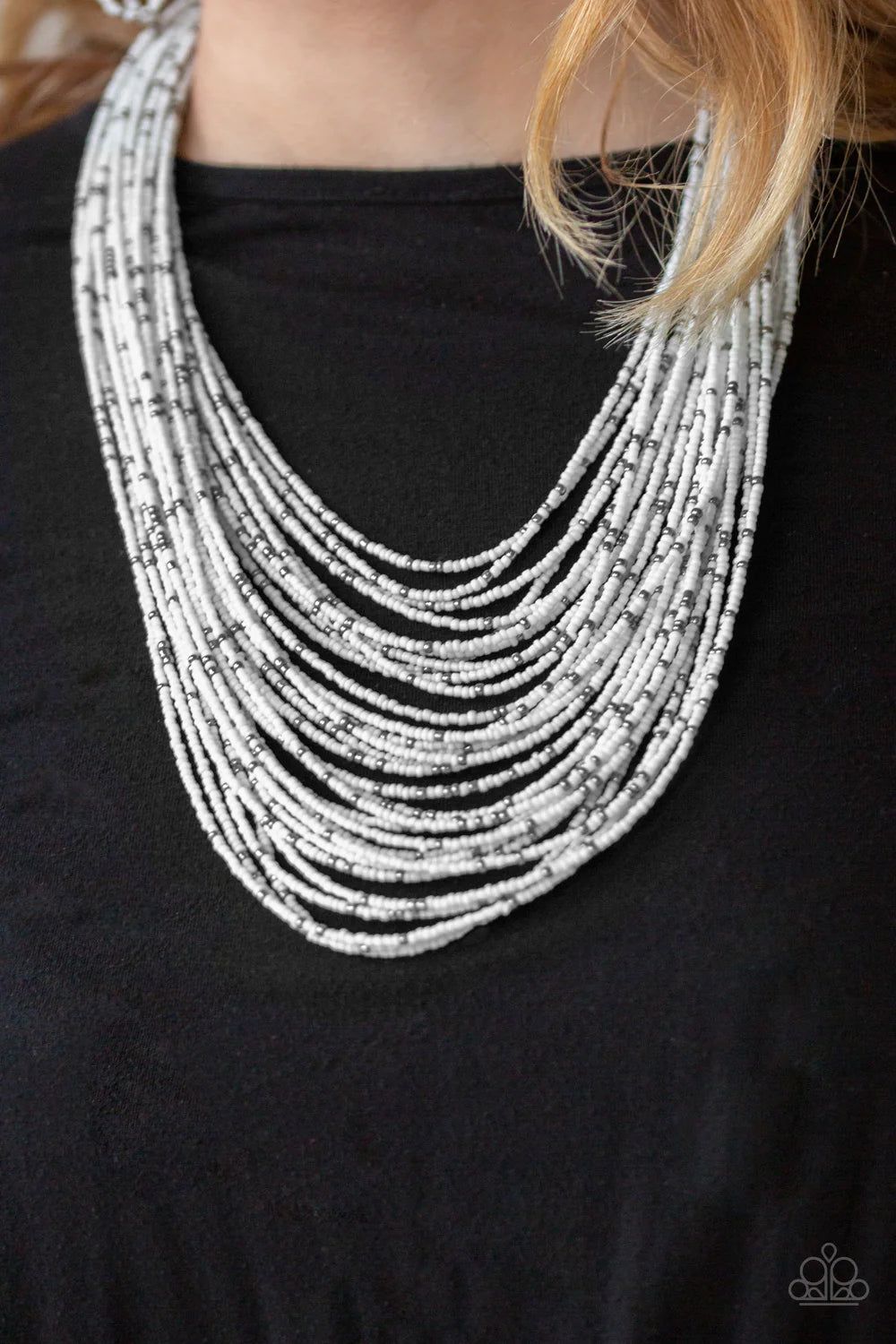 Rio Rainforest - Oversized White/Gunmetal Layered Suspended Seed Bead Necklace N#1344