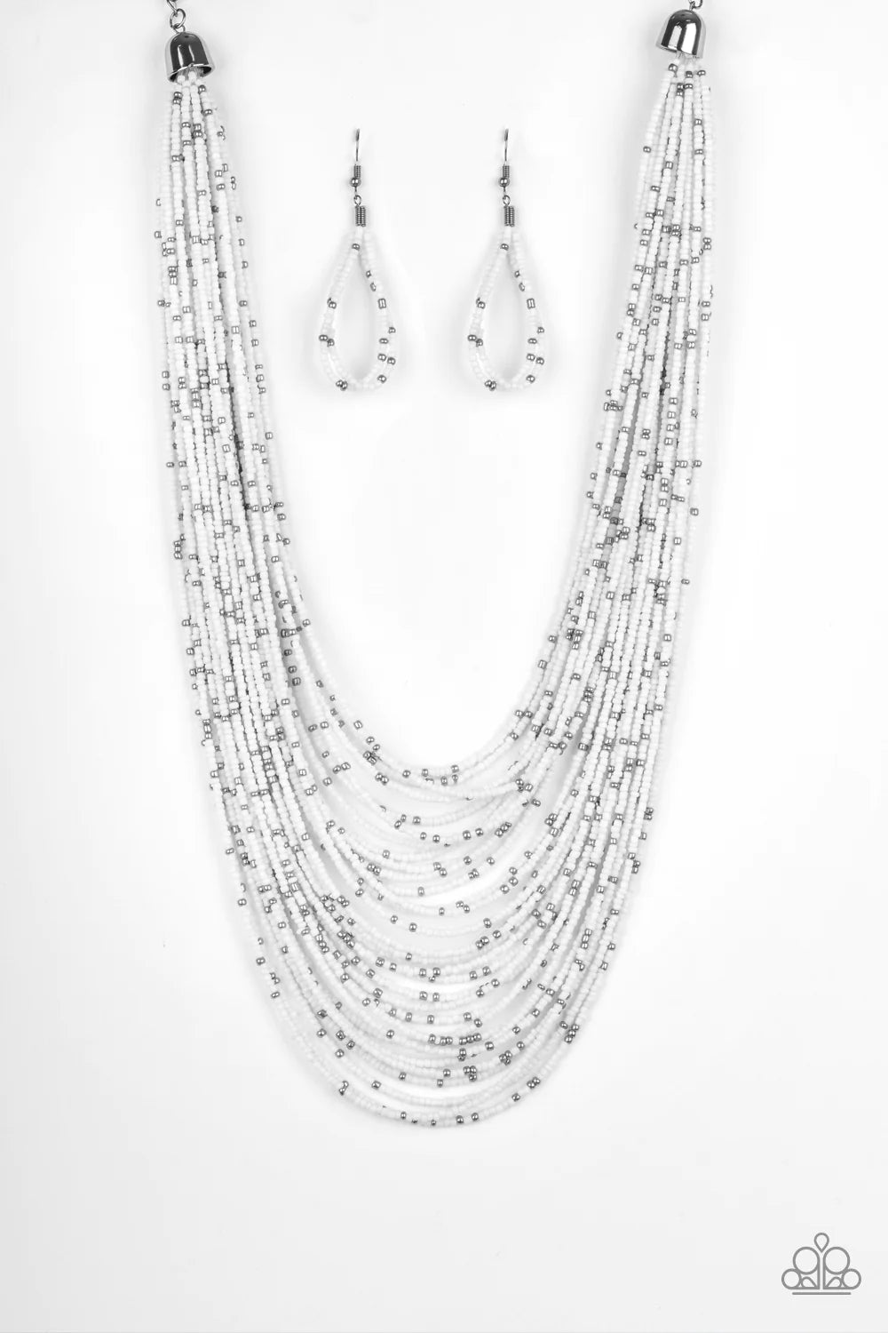 Rio Rainforest - Oversized White/Gunmetal Layered Suspended Seed Bead Necklace N#1344