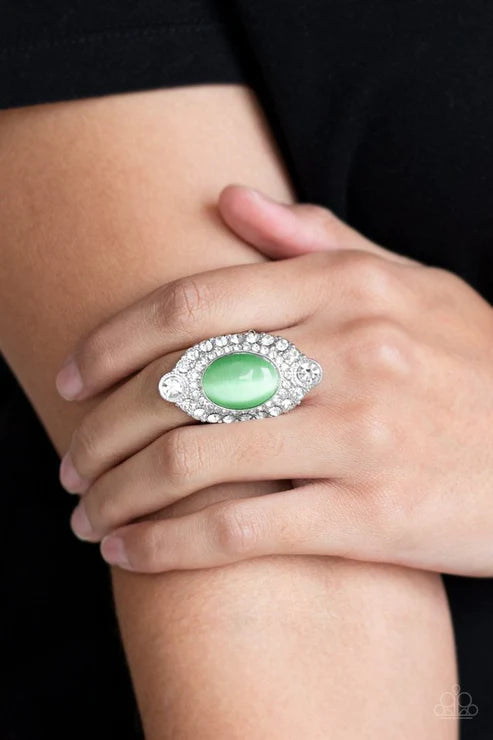Riviera Royalty - Oversized Green Cat's Eye Moonstone Encrusted Teardrop Ring R#955