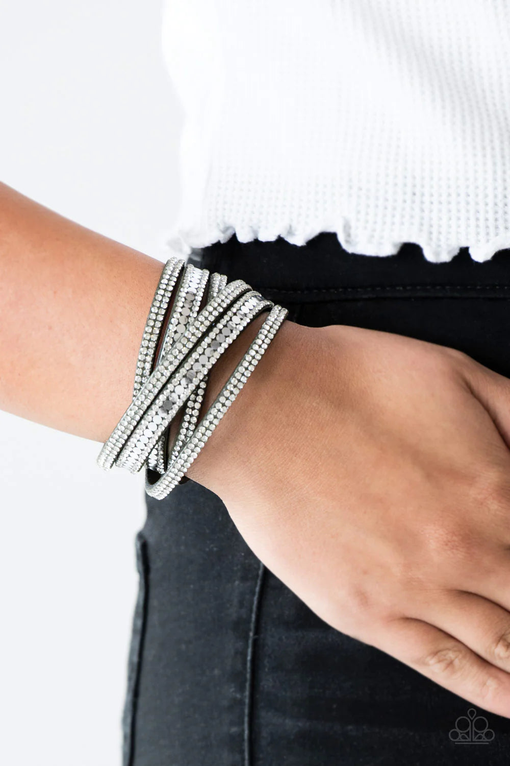 Rock Star Attitude - Green/Silver Elongated Trio Flat Studded Encrusted Suede Double Wrap Adjustable Snap Closure Bracelet B#954