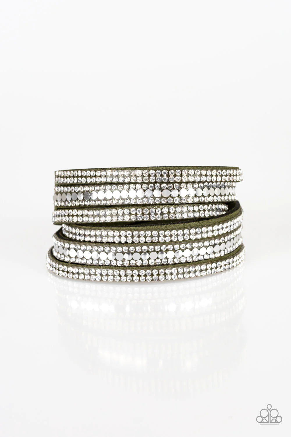 Rock Star Attitude - Green/Silver Elongated Trio Flat Studded Encrusted Suede Double Wrap Adjustable Snap Closure Bracelet B#954