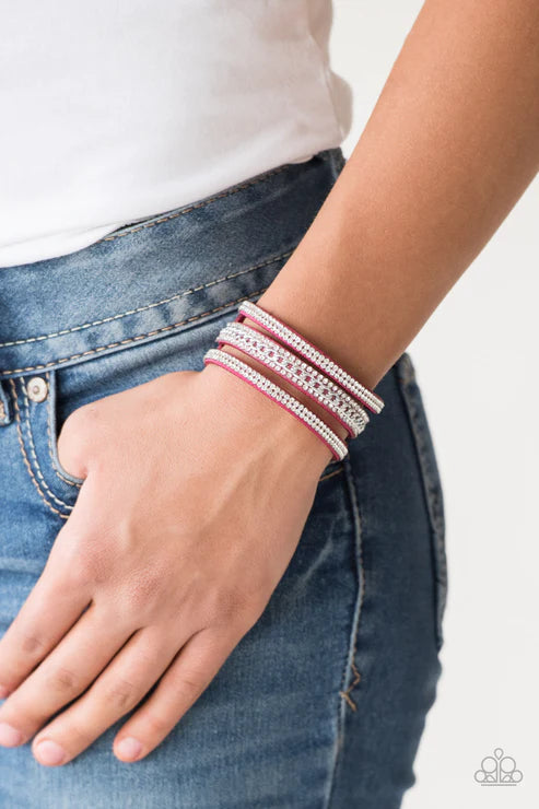 Rollin In Rhinestones - Pink Chain Encrusted Suede Bracelet B#2097