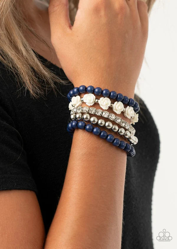 Rose Garden Grandeur - Oversized Blue (Navy/White/Silver) Vintage 3D Resin Flower Dotted Encrusted Bracelet Stack B#1025