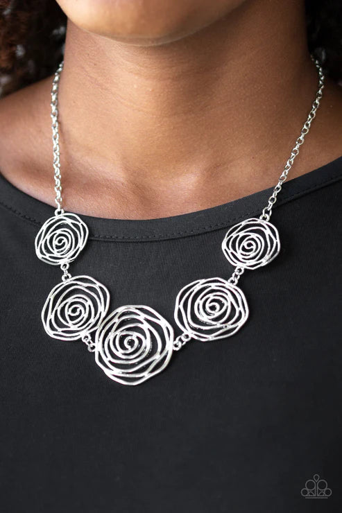 Rosy Rosette - Oversized Silver 3D Rosebud Bars Spin Link Necklace N#1900