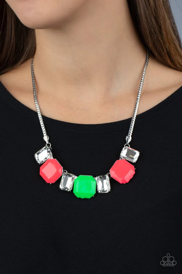 Royal Crest - Pink/Green Neon Connected Exaggerated Emerald Necklace N#762