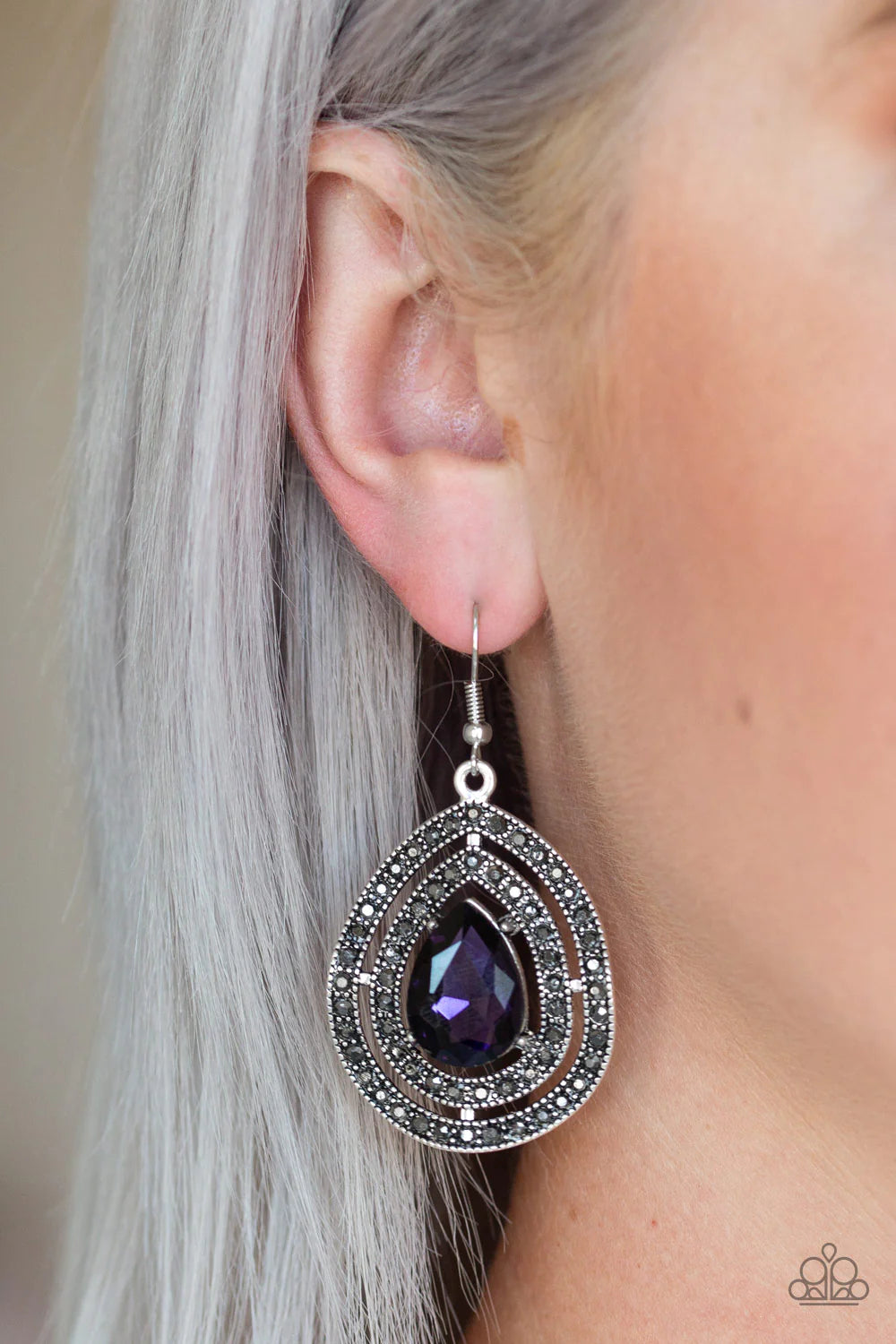 Royal Squad - Oversized Purple Dramatic Teardrop Gem Rippling Silver Frame Radiating Hematite Encrusted Regal Earrings E#841