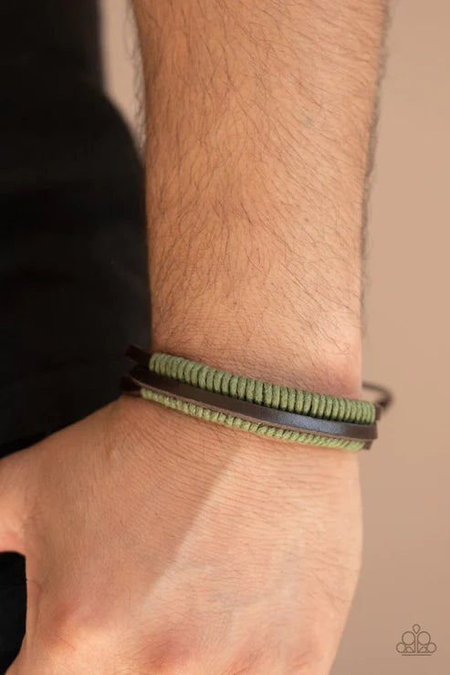Rugged Roper - Green/Brown Infused Knotted Twine Leather Adjustable Sliding Knot Closure Urban Bracelet B#2060