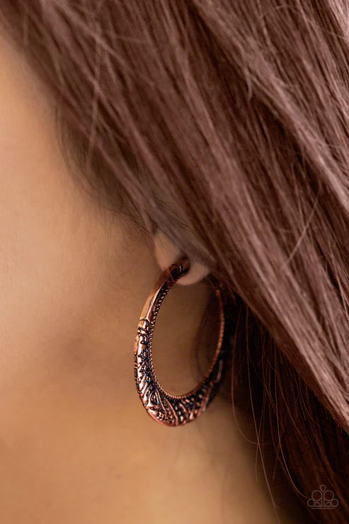 Rumba Rendezvous - Copper Stamped Tribal Curled Hoop Earrings E#1548