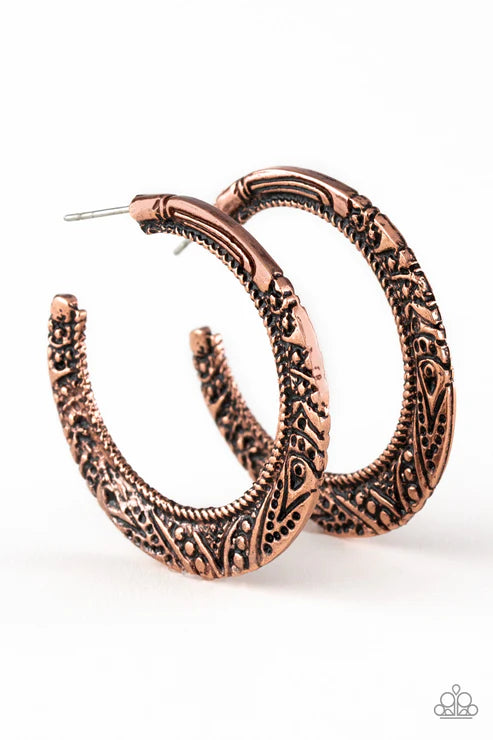 Rumba Rendezvous - Copper Stamped Tribal Curled Hoop Earrings E#1548