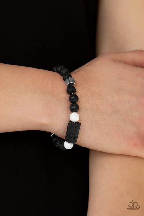 Run Out The BLOCK - White/Black/Silver Round/Block Lava Rocks Urban Bracelet B#1751