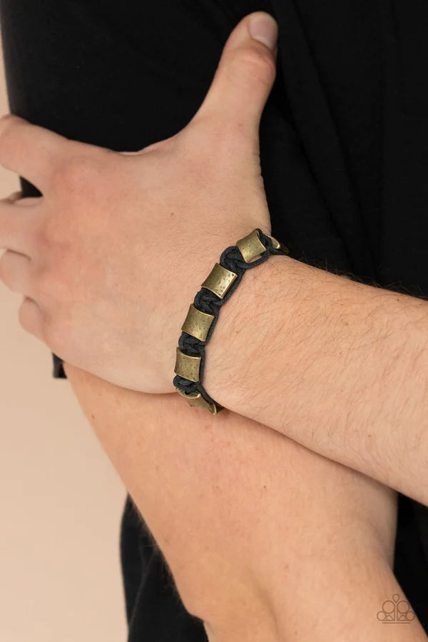 Rural Crew - Black/Brass Rugged Knotted Hammered Cord Accent Button Loop Closure Urban Bracelet B#360