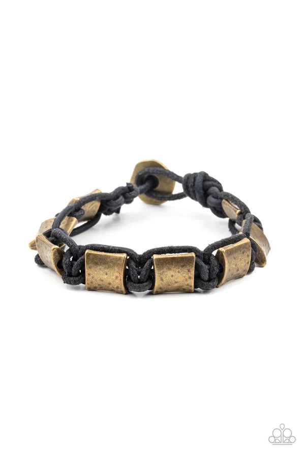 Rural Crew - Black/Brass Rugged Knotted Hammered Cord Accent Button Loop Closure Urban Bracelet B#360