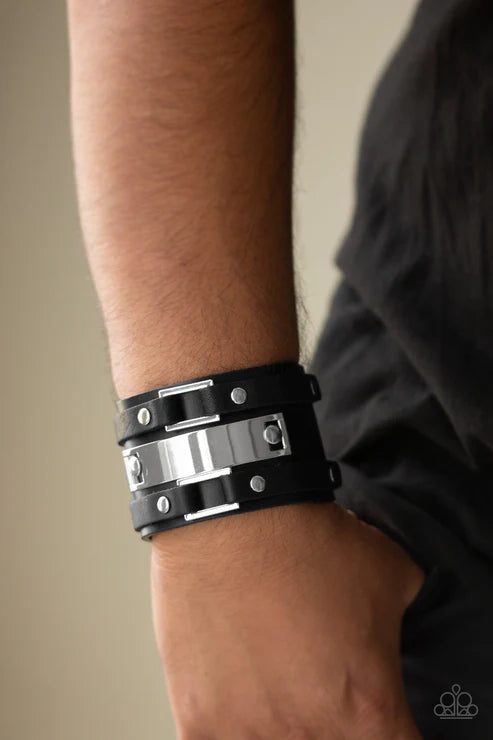 Rural Ranger - Oversized Black Studded Abstract Buckle Leather Adjustable Snap Closure Urban Bracelet B#2121