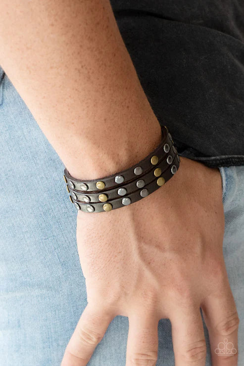 Rural Rider - Brown/Brass/Gunmetal Trio Spliced Studded Leather Urban Bracelet B#1573