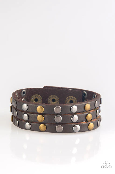 Rural Rider - Brown/Brass/Gunmetal Trio Spliced Studded Leather Urban Bracelet B#1573
