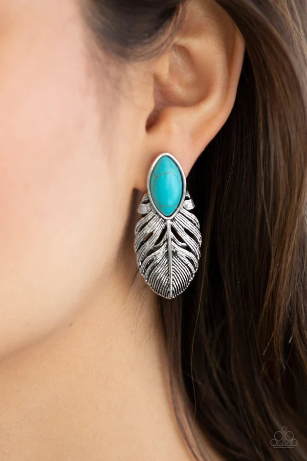 Rural Roadrunner - Oversized Blue/Silver Antique Chiseled Tranquil Marquise Stone Earrings E#561