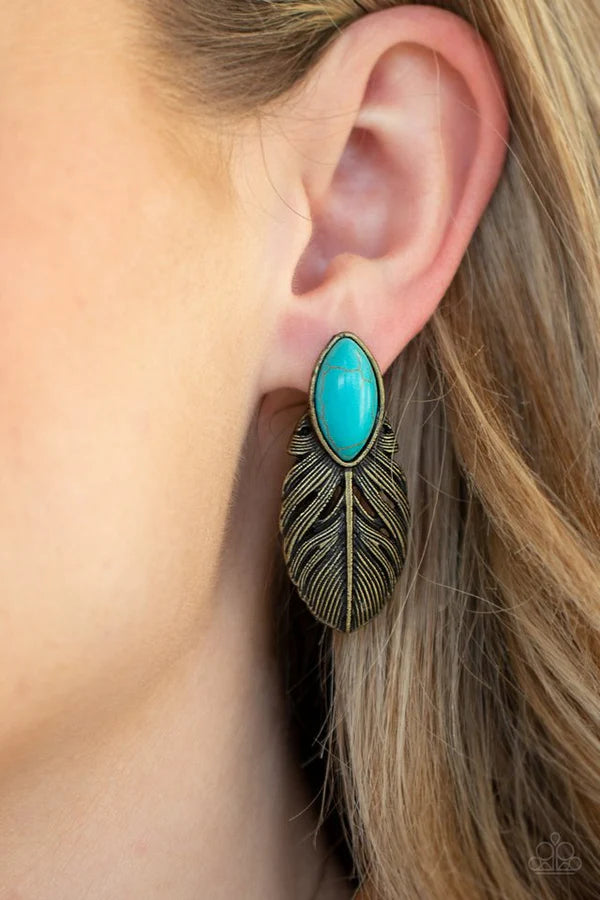 Rural Roadrunner - Oversized Brass/Blue Antique Chiseled Tranquil Marquise Stone Earrings E#203
