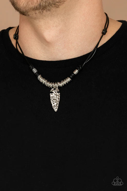 Rush In ARROWHEAD-First - Oversized Black Ornate 3D Hammered Arrowhead Knotted Button Loop Closure Urban Necklace N#1633