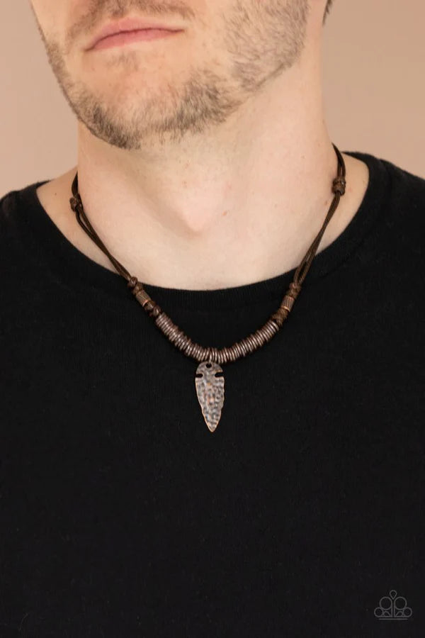 Rush In ARROWHEAD-First - Oversized Copper Ornate 3D Hammered Arrowhead Knotted Button Loop Closure Urban Necklace  N#866
