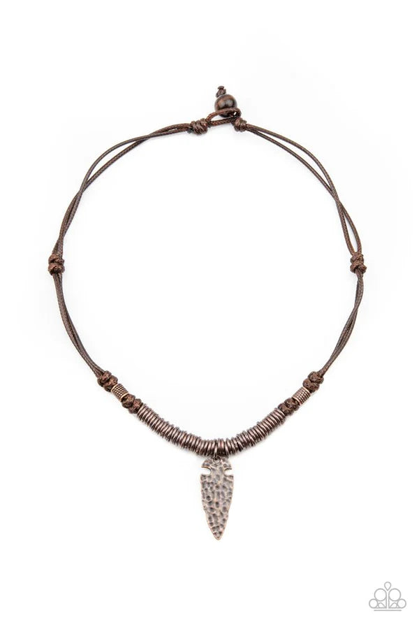 Rush In ARROWHEAD-First - Oversized Copper Ornate 3D Hammered Arrowhead Knotted Button Loop Closure Urban Necklace  N#866