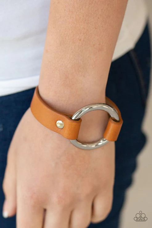 Rustic Rodeo - Oversized Yellow Studded Ring Leather Urban Bracelet B#2024