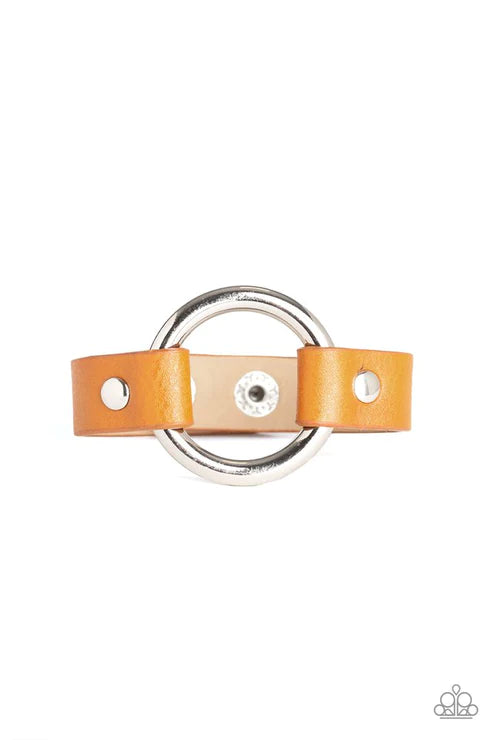 Rustic Rodeo - Oversized Yellow Studded Ring Leather Urban Bracelet B#2024