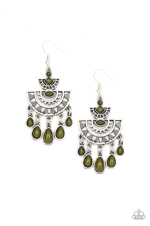 SOL Searching - Green 3D Sunburst Teardrop Fringe Earrings E#2381