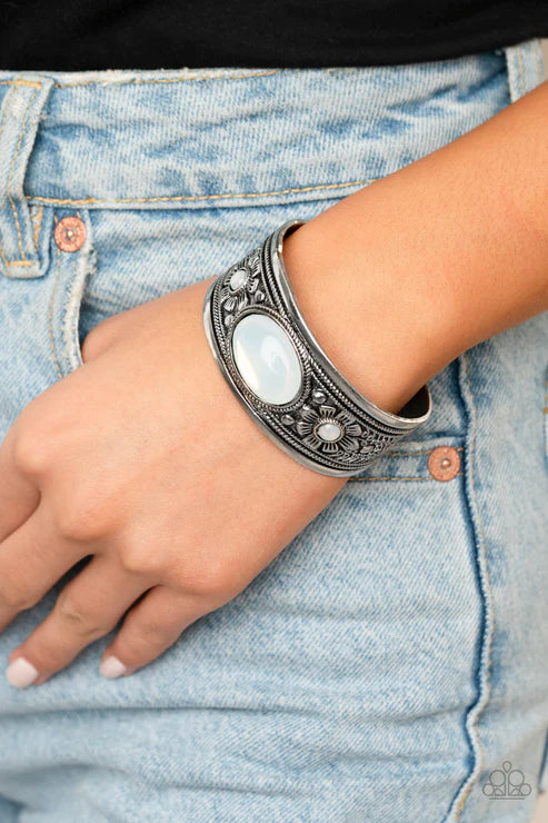 Sage Sanctuary - Oversized White Embossed Floral/Desert Dotted Opalescent Cuff Bracelet B#1938