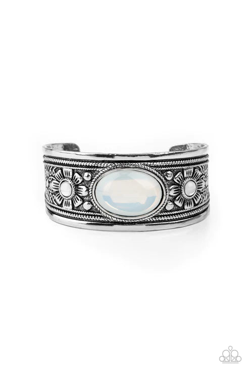 Sage Sanctuary - Oversized White Embossed Floral/Desert Dotted Opalescent Cuff Bracelet B#1938